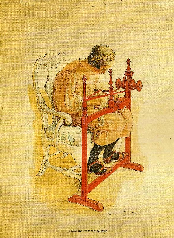 Carl Larsson flicka som vafver roda guldband China oil painting art